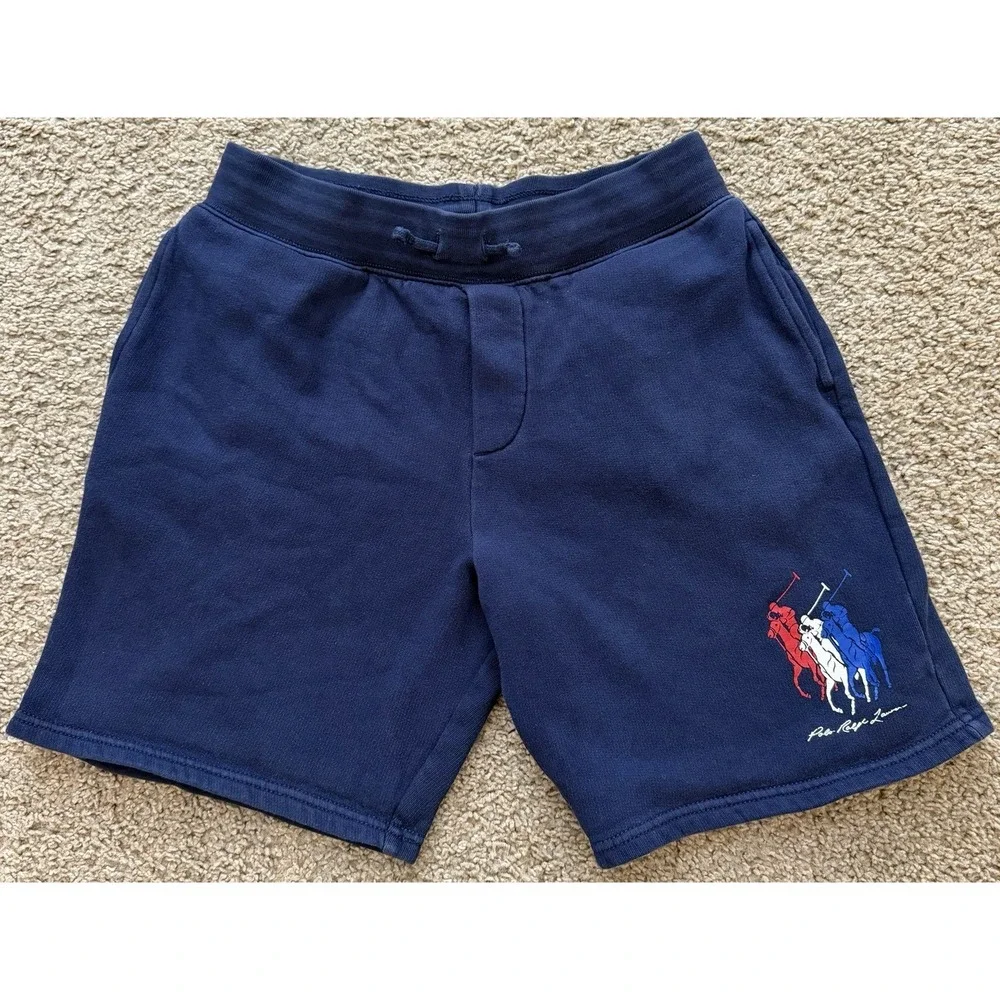 Polo Ralph Lauren Navy TRIPLE‎ PONY LOGO Fleece Shorts Boys Pockets Large 14/16